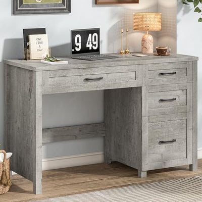 Vabches Farmhouse 47" Executive Desk with 4 Drawers, Computer Desk with File Drawer and Charging Station, Workstation for Home Office, Study.(Grey)