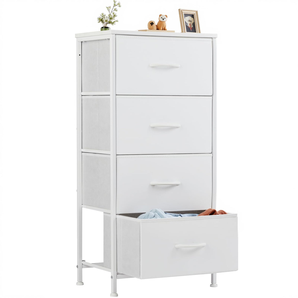 Sweetcrispy Nightstand Small Bedroom Dresser with 4 Fabric Drawers, Bed Side Furniture End Table, Wooden Top Cabinet Night Stand Dresser for Closet, Entryway, Dorm Sweetcrispy