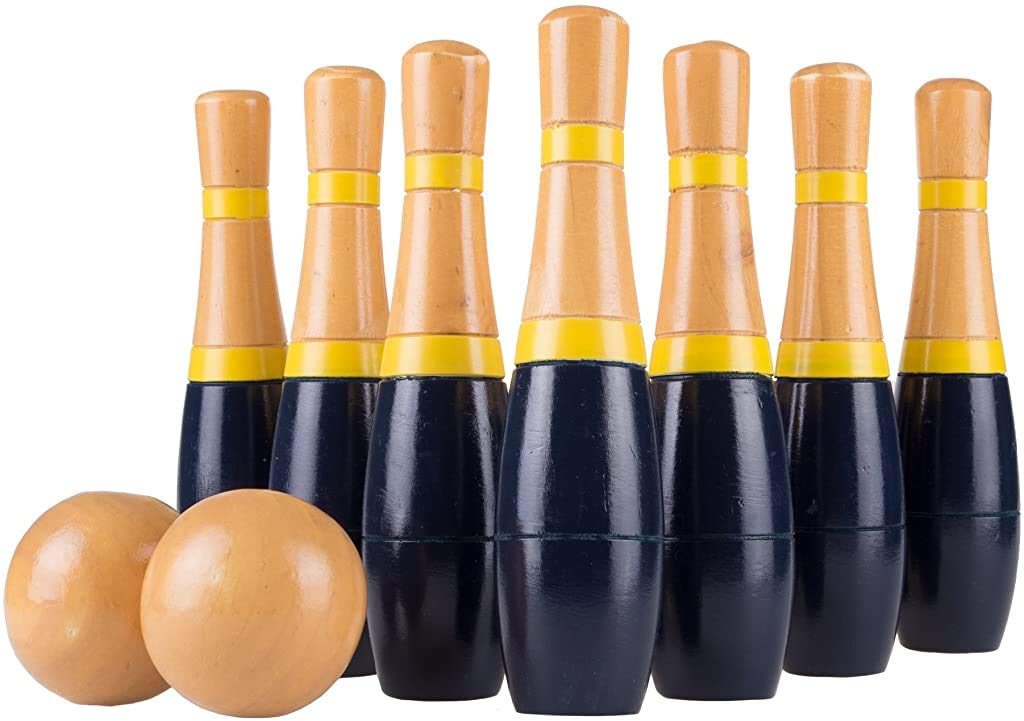 Wooden Lawn Bowling - Adults and Kids Bowling Set with 10 Pins, 2 Balls, Carry Bag - Indoor and Outdoor Games - Bowling and Skittle Yard Games (Black) Hey! Play!
