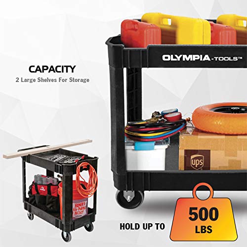 Olympia Tools 2 Shelf Black Rolling Utility Cart - Supports Up to 500 lbs, Comfort Handle - Heavy Duty Carts With Wheels - Great for Warehouse, Olympia Tools