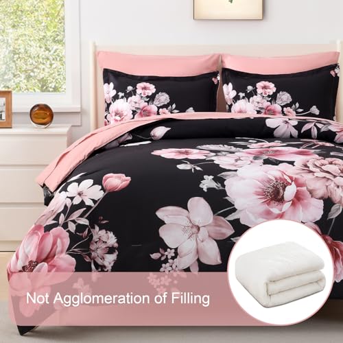 Floral King Size Comforter Set - 7 Piece Botanical Black and Pink Bed in a Bag Ulter Soft Microfiber Bedding Set, Lightweight Bed Comforter Set with Sheets for All Season (Black, King) LLDSYW