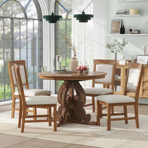 VilroCaz 5-Piece Retro Functional Dining Set, Solid Wood Extendable Dining Table with a 16-inch Leaf and 4 Upholstered Chairs, Dining Room Round Dining Table Set for 4 (a_Walnut) VilroCaz