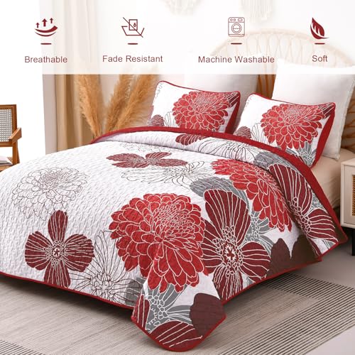 King Quilt Sets Red Floral Pattern Quilt Bedding Set, 3 Pieces Botanical Quilt Soft Microfiber Bedspread Coverlet Set, Boho Bed Cover Bedding Set for All Season(104" x 90) Anibedding