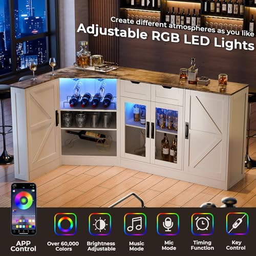 L-Shaped Kitchen Buffet Storage Cabinet - Corner White Sideboards and Buffets with Storage Drawer & Door, 65'' Long Farmhouse Coffee Bar with LED & Wine Rack, Dining Room Islands for Kitchen (White) Gyfimoie