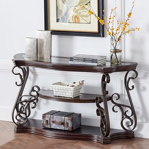 HomVent Vintage Console Table with Glass Top and Scrollwork Metal Legs,Mid-centruy Dark Brown Entryway Table Sofa Side Tables Narrow Tables HomVent