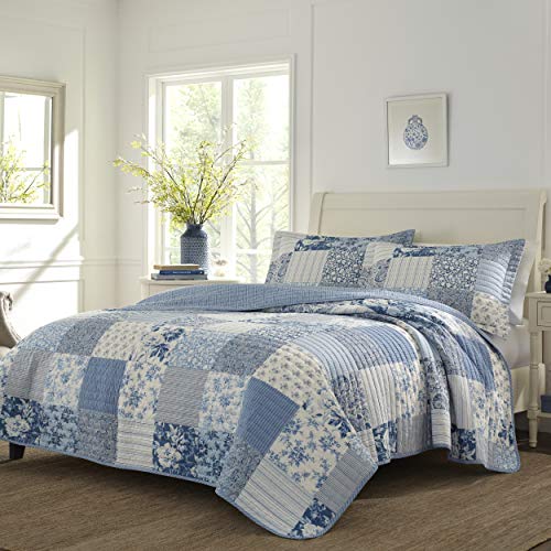Laura Ashley - Twin Quilt Set, Reversible Cotton Bedding with Matching Sham, Medium-Weight for Year Round Use, Dorm Essentials (Paisley Printed Patchwork Blue) Laura Ashley