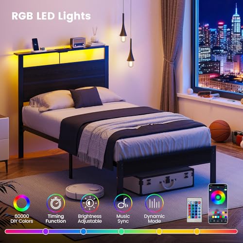 Kbun Twin Bed Frame with LED Lights & USB Charging Station, Black Metal Platform Bed with Storage Headboard, Under-Bed Space, Noise-Free & Sturdy, No Box Spring Needed, Easy Assembly Kbun