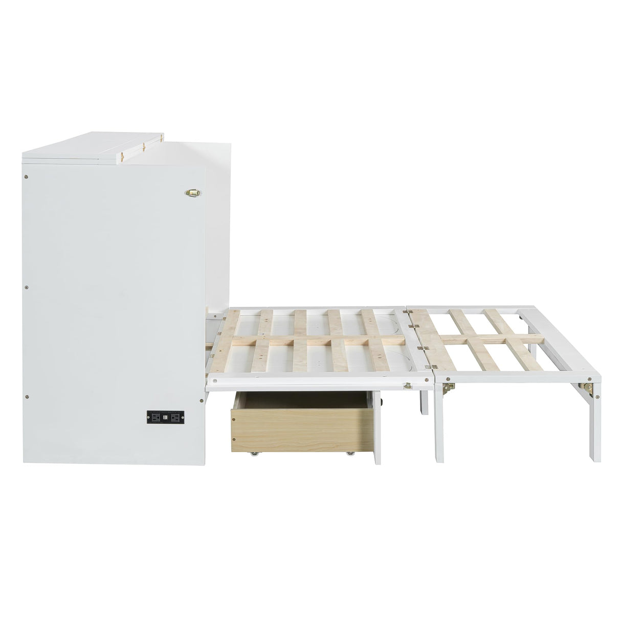 Merax Full Size Murphy Bed Cabinet with Charging Station and Large Storage Drawer, Foldable Pull Out Murphy Chest Bed for Apartments, Bedrooms, Studio, No Spring Box Needed, White Merax