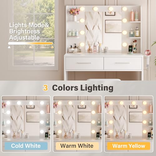 YESHOMY Vanity Desk with Mirror, Makeup Table with 2 Large Drawers, Power Outlet and Round Holder, 3 Color Modes Adjustable Bulb, Bench Included, Easy Assembly, Gloss White YESHOMY