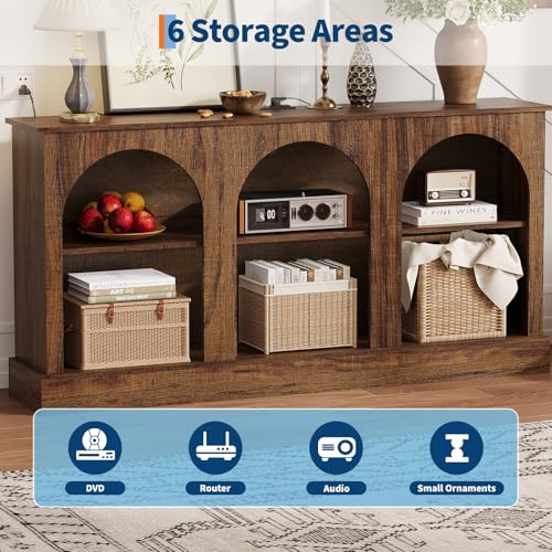 GarveeLife 63" Mid Century Modern TV Stand, Modern Console Table with Charging Station for Entryway Living Room, Modern Entertainment Center 3-Tier Rustic Brown Media Console for TV Up to 65 70 Inch GarveeLife