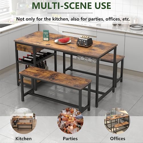 Dining Table Set for 4-6 People, 54.7" Kitchen Dinner Table with 2 Bench, Dining Room Tables Set with Storage Drawer & Shelf, 3-Piece Breakfast Nook Tables with Wine Rack &Glass Holder (Rustic) Gyfimoie