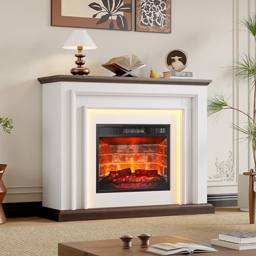 44 Inches LED Lights Electric Fireplace with Mantel, Tall Fireplace Heater Freestanding, Delicate Three-Dimensional molding with Remote Control Timer LED Flame for Living Room, Bedroom, White&Brown BOSHIRO
