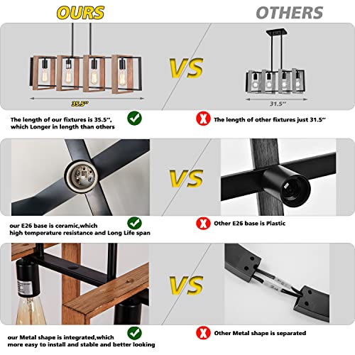 Dining Room Light Fixture Farmhouse Pendant Lights Kitchen Island Rustic Kitchen Light Fixtures 4 Lights Wood and Black Metal Rectangular Chandelier Ceiling Hanging Lighting 35.4" Poroulux