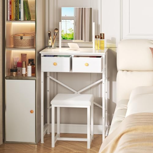 X-cosrack Small Makeup Vanity Desk with Mirror & Chair, Mini Vanity Desk Table Set with Fabric Storage Drawer, 19.7" Compact Vanity Desk for Girls, Dressing Table with Chair for Bedroom, White X-cosrack