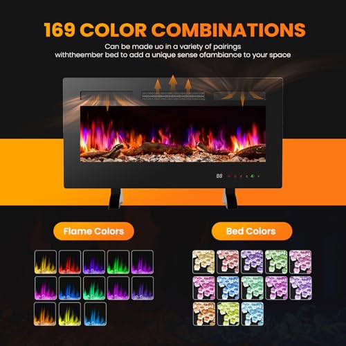 36" Electric Fireplace Insert, 1500W Wall Mounted & Recessed Fireplace Heater with Remote & Touch Screen, Adjustable Flame Color & Brightness, 12H Timer, Low Noise Electric Fireplace for Indoor Use Aidoly