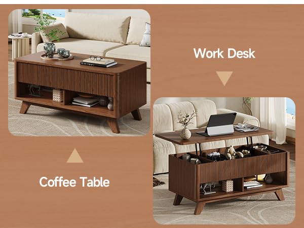 ONBRILL Farmhouse Lift Top Coffee Table, Mid Century Modern Coffee Table with Hidden Storage Compartment, Fluted Rising Pull up Wood Modern Center for Living Room, Office, Walnut ONBRILL