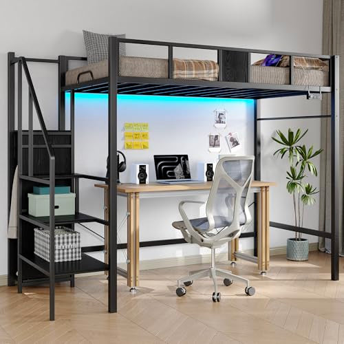 Furniouse Twin Loft Bed with Storage Stairs and Wardrobe, Heavy Duty Loft Bed, RGB LED Bed with USB Port, Outlets and Adjustable Furniouse