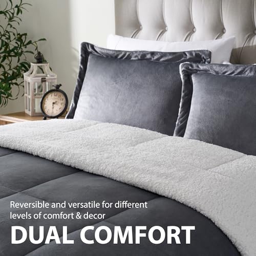 Cathay Home Twin Comforter Set: Ultra Soft and Plush Reversible Micromink and Sherpa 2-Piece Bedding Set, Pewter, Twin (66" x 86") Cathay Home
