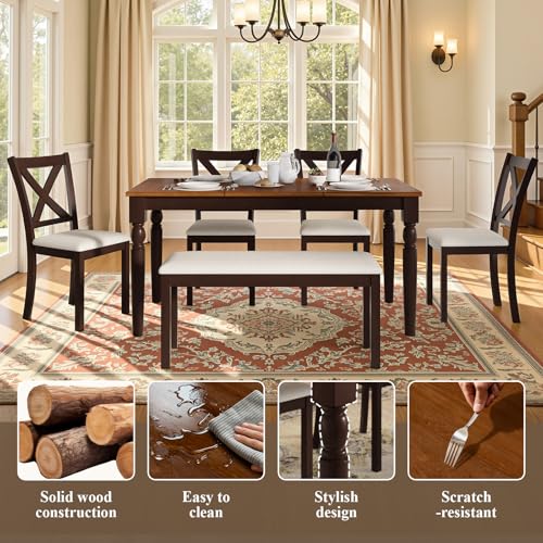 LUXOAK 6-Piece Solid Wood Dining Table Set, Upholstered Chair w/Bench Seat, Seating for 6, 60'' Farmhouse Wood Kitchen Chairs Set for Living Room, Dining Room, Brown & Black Finish LUXOAK