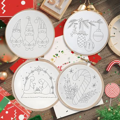 YOUDRN Christmas Embroidery Kits,Gnomes Embroidery Kits for Adults,Christmas Embroidery Kit for Beginners with Pattern,Cotton Threads,Needles,Instruction,20cm Hoop (gnome)