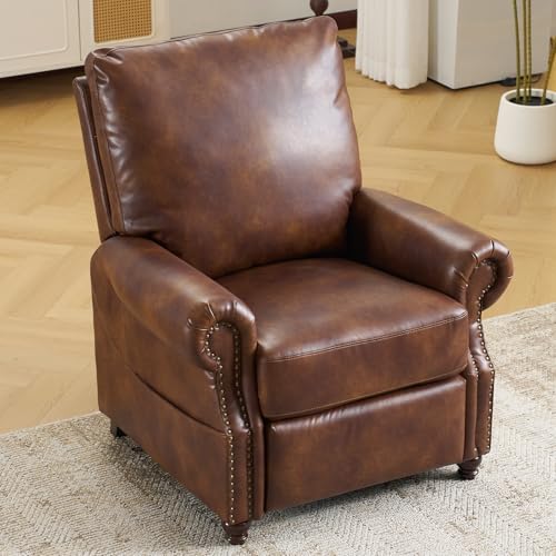 Pushback Recliner Chair with Massage and Heating, Breathable Leather Recliner Chair with Overstuffed Backrest and Rivet Decoration, Single Sofa Accent Chair for Living Room, Light Brown