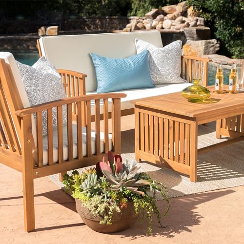 Christopher Knight Home Carolina Outdoor Acacia Sofa Set, 4-Pcs Set, Brown Patina + Cream Cushion Christopher Knight Home
