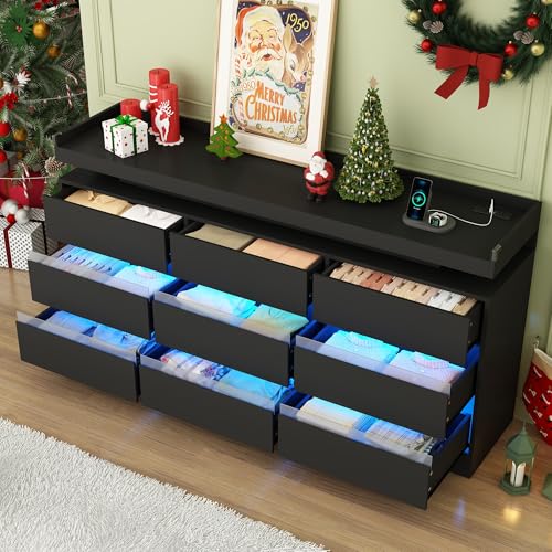 Hlivelood 9 Drawer Dresser with Power Outlet & LED Light, Modern Chest of Drawers for Closet Modern Large Dresser Organizer Cabinet for Bedroom, Living Room, Black Hlivelood