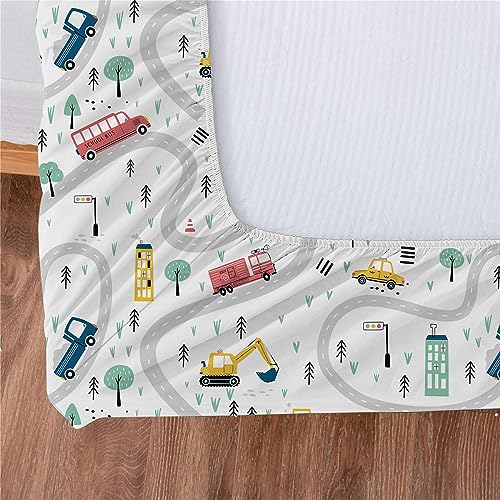 Yasida Car Sheet Sets for Kids Cute Cartoon Truck Bed Queen Size Fitted Sheets Boys 3D Plants Print Bedding Set Soft Microfiber Bedroom Decor(3pc) Yasida