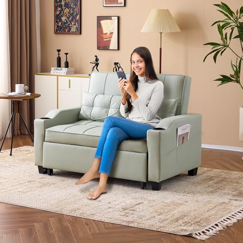 VINGLI Light Green Futon Sofa Bed Convertible Loveseat Sleeper Couch, Faux Leather Pullout Sofa Fold Out Couch Bed with USB Ports, Cup Holders, Armrest for Living Room, Bedroom Apartment Room VINGLI