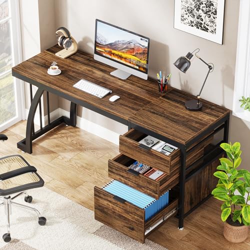 Tribesigns 59 Inch Computer Desk with 3 Drawers, Industrial PC Desk Study Writing Table Workstation with File Storage, Home Office Desks with Large Desktop and Metal Frame, (Rustic Brown) Tribesigns
