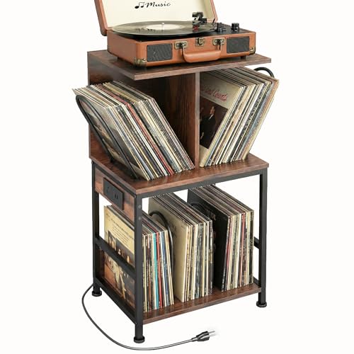 ZEXVIDA Record Player Stand with Vinyl Storage, Large Record Table Holds 180 Albums, Vinyl Record Storage Stand with USB Charger, Multi-Functional Side Table & Shelf for Living Room Bedroom ZEXVIDA