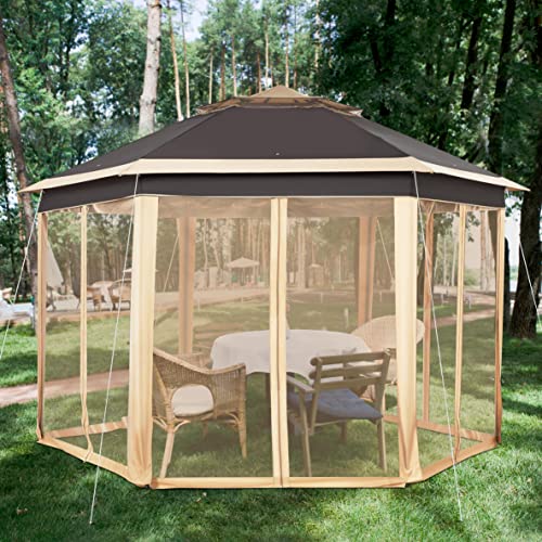 Yaheetech 13x13 Pop up Gazebo, Hexagonal Outdoor Canopy Shelter, Instant Patio Gazebo Sun Shade Canopy Tent with Double Tiers & Mesh Netting for Lawn, Garden, Backyard & Deck, Khaki/Brown Yaheetech