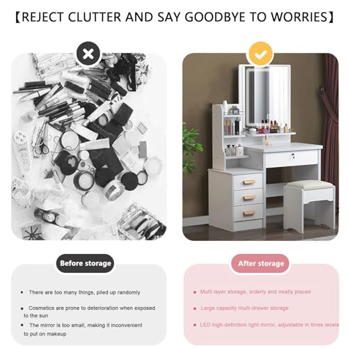 MONGMON Vanity Desk with Mirror and Lights, 3 Lighting Modes, European Style Dressing Table with Drawers, with Open Storage Shelves,Makeup Vanity Table for Bedroom,Gifts for Girls and Women, White MONGMON
