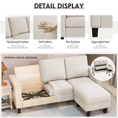 YESHOMY Convertible Sectional 3 L-Shaped Couch Soft Seat with Modern Linen Fabric, Small Space Sofas for Living Room, Apartment and Office, 70'', White YESHOMY