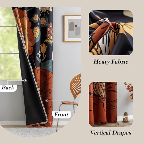 Tyrot 100% Blackout Black Boho Floral Curtains 108 Inches Extra Long for Bedroom Mid Century Botanical Black Out Curtains Room Darkening Grommet Top Thermal Insulated Window Drapes 2 Panels,52Wx108L Tyrot