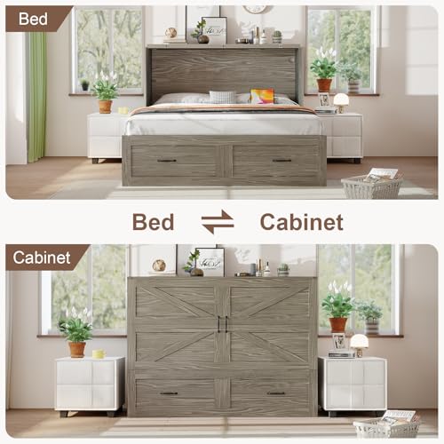 KCGKCG Full Size Murphy Bed with Storage & Charging Station, Murphy Cabinet Bed with Large Drawer for Guest Bedroom, Living Room, Office or Small Room, Full Foldable Platform Bed (Grey, Full) KCGKCG