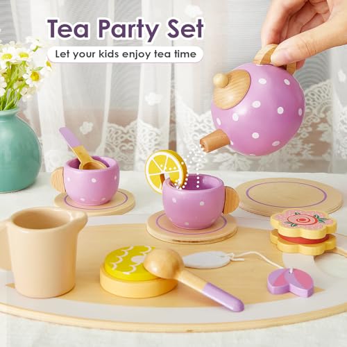 BUYGER Wooden Tea Party Set for Toddler Little Girls 3-5 with Teapot Tea Cup Set Wooden Play Food Toy Kitchen Accessories for Kids Girls Children Boys Toddler… Buyger