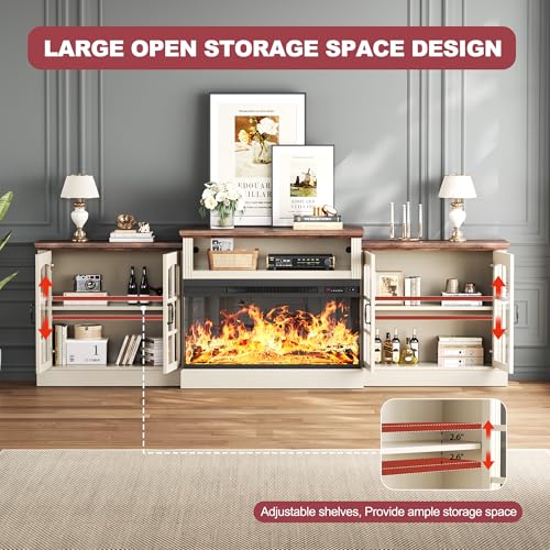 OneBlis 97" Fireplace TV Stand with 36" Electric Fireplace, Farmhouse Entertainment Center for TVs up to 100", Media Console Table with Large Storage Cabinets, for Living Room, White OneBlis