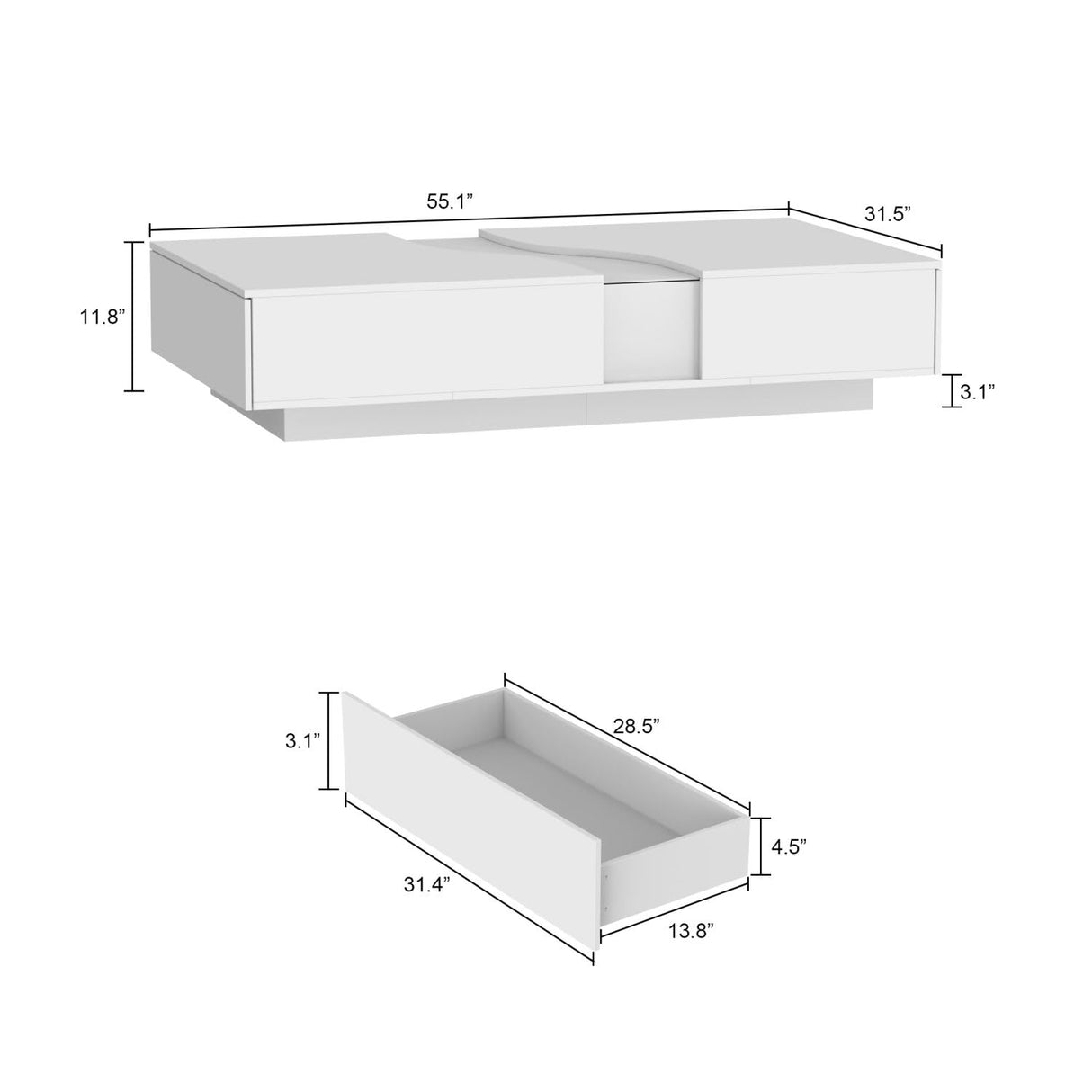 MOUMON Modern Coffee Table with Lights & Glass Tabletop, Living Room Coffee Table with 2 Drawers, Central Table with Storage, White (55.1”W x 31.5”D x 11.8”H) MOUMON