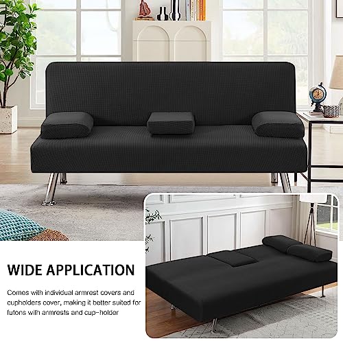 LiveGo Futon Cover 4 Pieces Stretch Futon Covers Sofa Bed Slipcover with Removable Armrests and Cupholders Covers Furniture Protector High Spandex Small Checks Jacquard Fabric (Black) LiveGo