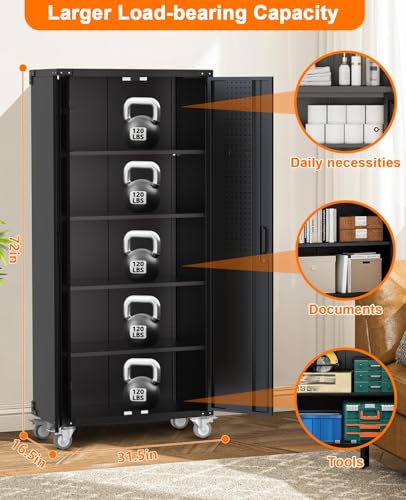 72 in Tall Garage Storage Cabinet – 600 LB Capacity Metal Tool Cabinet with Magnetic Lock, 4 Adjustable Shelves & Wheels, Heavy-Duty Steel Storage for Workshop, Home & Office Garvee