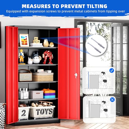 Pataku Metal Storage Cabinet, 72" Garage Cabinet with Doors and Shelves Lockable Steel Multifunctional Cabinet, Tool Cabinet for Garage, File Cabinet for Home, Office, Warehouse(Black Red) Pataku