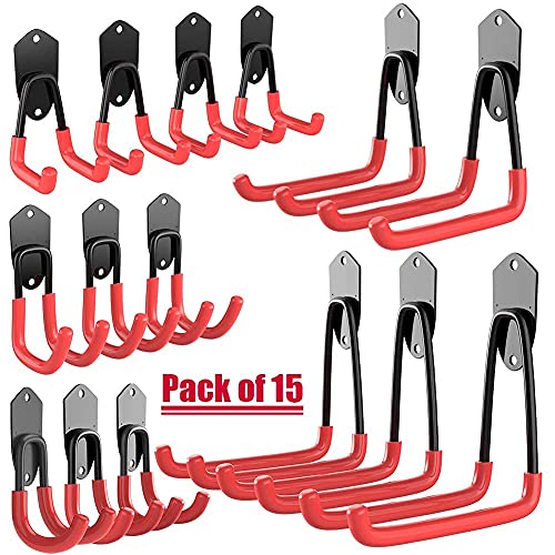 TORACK Garage Hooks Heavy Duty, 15 Pack Wall Mount Steel Utility Hooks&Hangers, Anti-Slip Rubber Coated, Garage Storage Organizer for Garden Tools, Power Tools, Ladders, Brooms, Bikes, Bulk Items TORACK