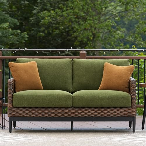 Signature Design by Ashley Horizon Hall Vintage Outdoor Weather Resistant Resin Wicker Loveseat with Cushion and 2 Accent Pillows, Green & Dark Brown Signature Design by Ashley