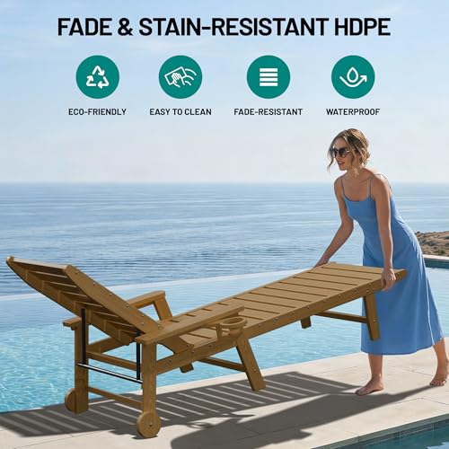 PLUUV HDPE Outdoor Lounge Chairs Set of 2, Patio Chaise Lounge Chairs for Outdside with 5-Position Adjustable Backrest & Cup Holders & Wheels for Patio, Deck, Poolside, Backyard -Brown