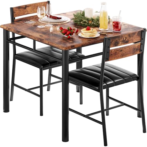 IRONCK Dining Table Set for 2, Small Kitchen Table with Upholstered Chairs Dinning Table Set for Kitchen & Dining Room, Compact Dining Set for Small Spaces, Rustic Brown IRONCK