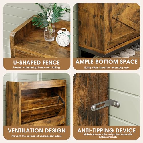 GRUSIGN Shoe Cabinet, Shoe Storage Cabinet with 2 Flip Drawers & Adjustable Shelf, Space-Saving Shoe Organizer – Holds 12+ Pairs, Narrow Shoe Cabinet Storage for Entryway/Hallway(Brown) GRUSIGN