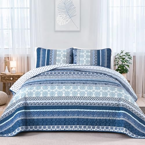 WONGS BEDDING Boho Quilt Set King Size, Navy Blue Bohemian 3 Pieces Quilt Sets, Lightweight Microfiber Bedspread Coverlet Bedding Set for All Season (104"x90") WONGS BEDDING