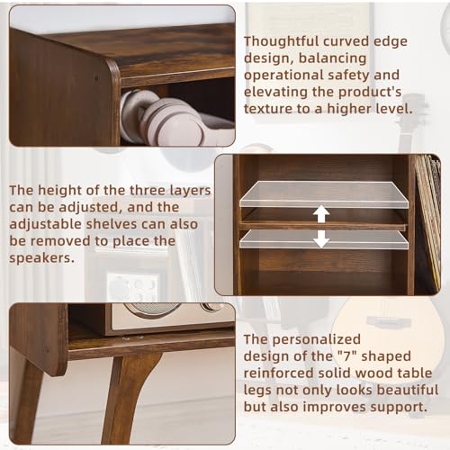 Lerliuo Record Player Stand with 4 Cabinet Holds Up to 220 Albums, Large Turntable Stand with Beech Wood Legs, Mid-Century Record Player Table,Retro Brown Vinyl Holder Storage for Bedroom Living Room Lerliuo