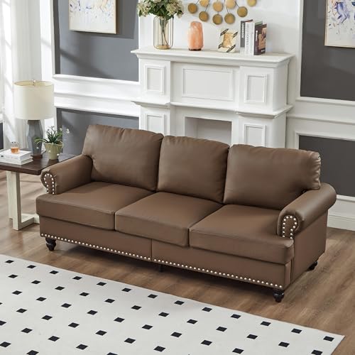 FAVSH 83" Modern Classic Design Loveseat Sofa, Upholstered Imitation Cowhide Leather Couch with Nails for Living Room Apartment Department Small Space,Brown FAVSH